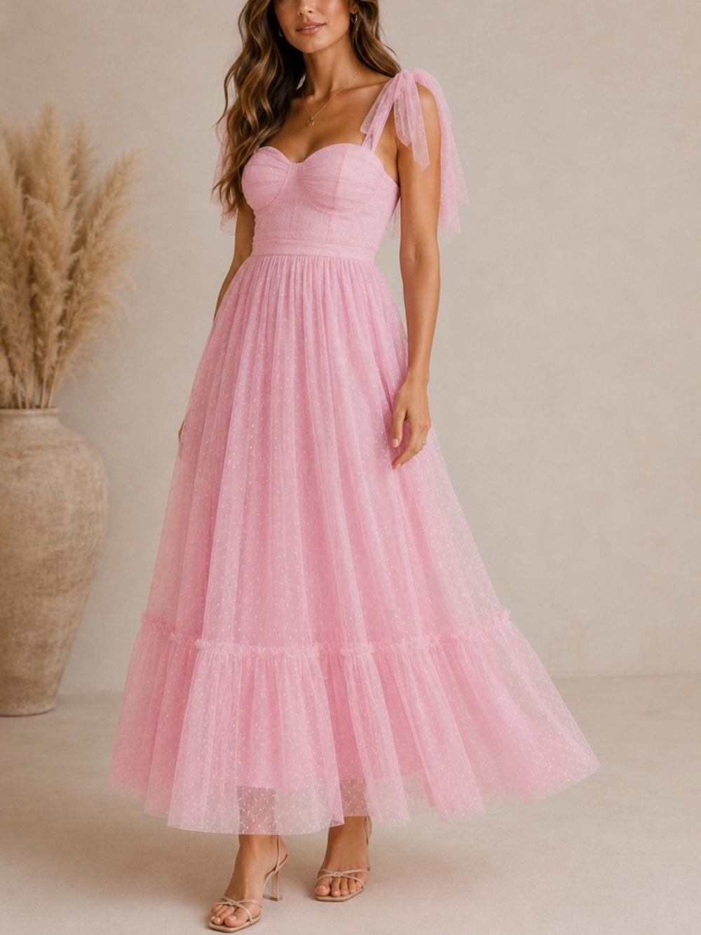 Pink Tulle Tie-Shoulder Maxi Dress